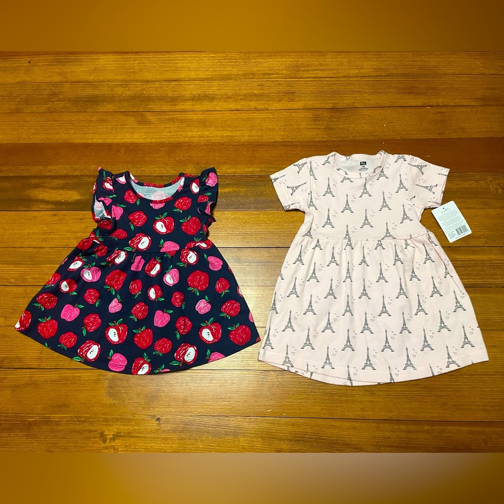 Children's Place Navy Apple Print Dress & Hudson Baby Pink Eiffel Tower Dress